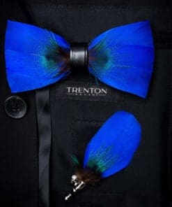 The Aristocrat's Charm - Oxford Blue Feather Bow Tie & Pin with Peacock Center